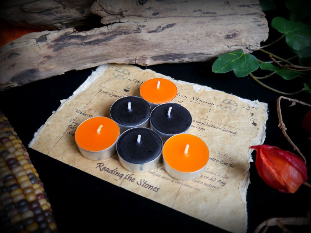 *Samhain Spell Candles 3 x Black 3 x Orange Tea Candles for Spells