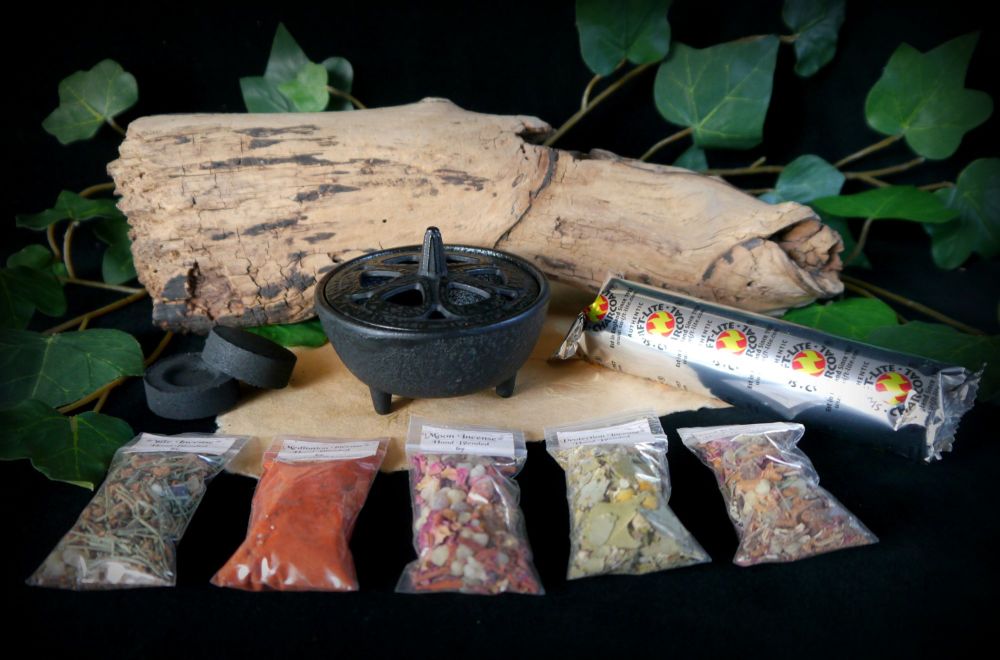 Cast Iron Incense Burner and Hand Blended Grain Incense kit Samhain Halloween Yule Gift Wicca Pagan Charcoal Disc