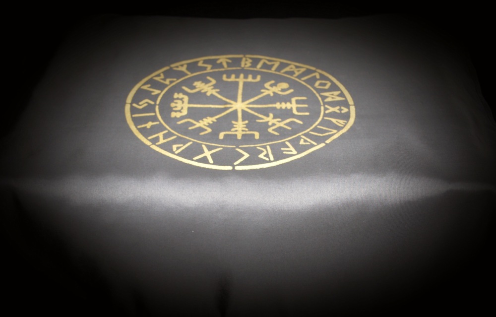 Black  Altar Cloth with Vegvisir design faux silk taffeta Gold
