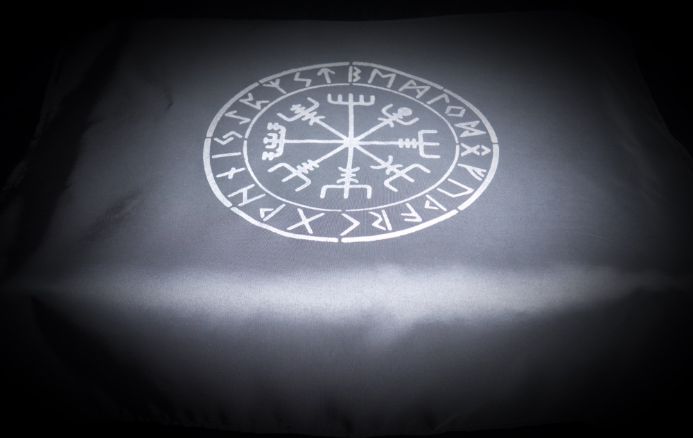 Black  Altar Cloth with Vegvisir design faux silk taffeta Silver