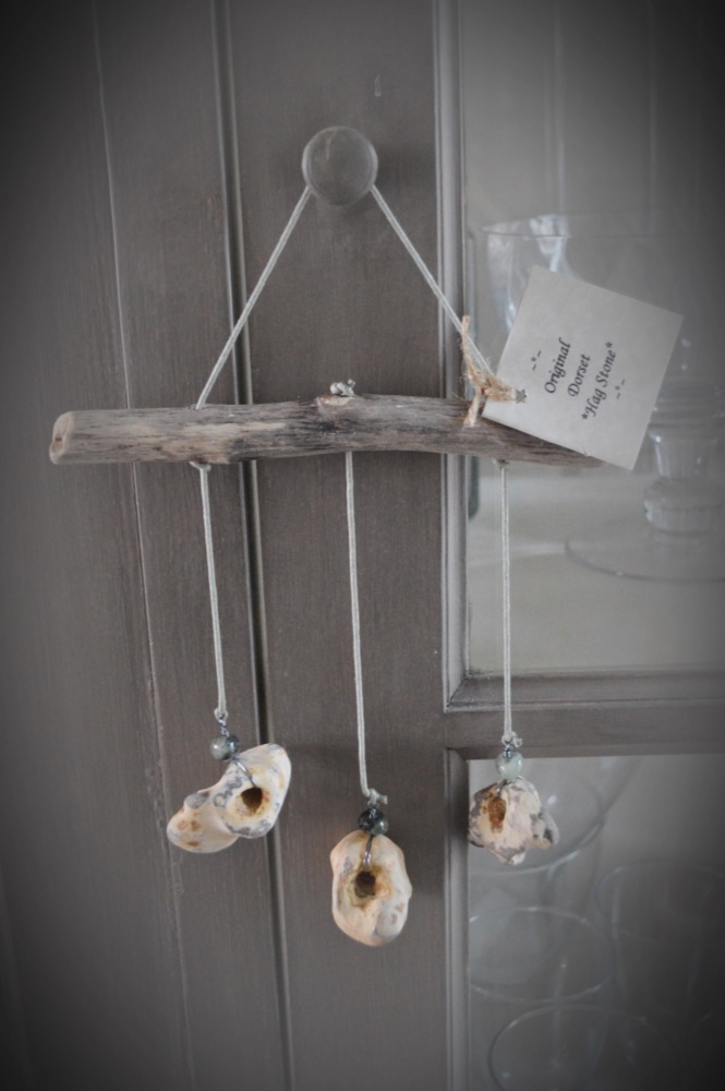 Hag Stone Wind Chime with Green Prehnite  Crystals & Driftwood
