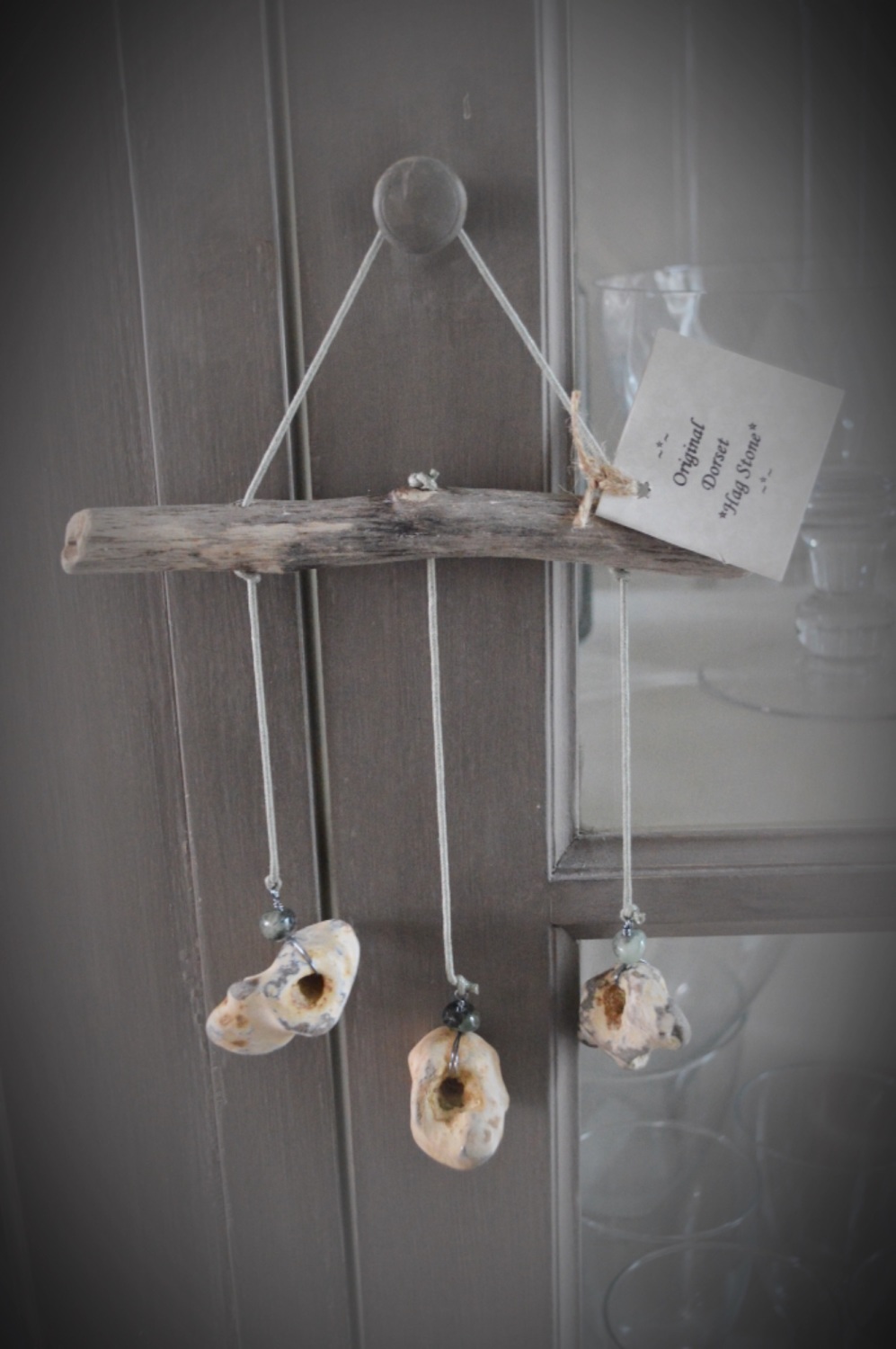 Hag Stone Wind Chime with Green prenite  Crystals & Driftwood