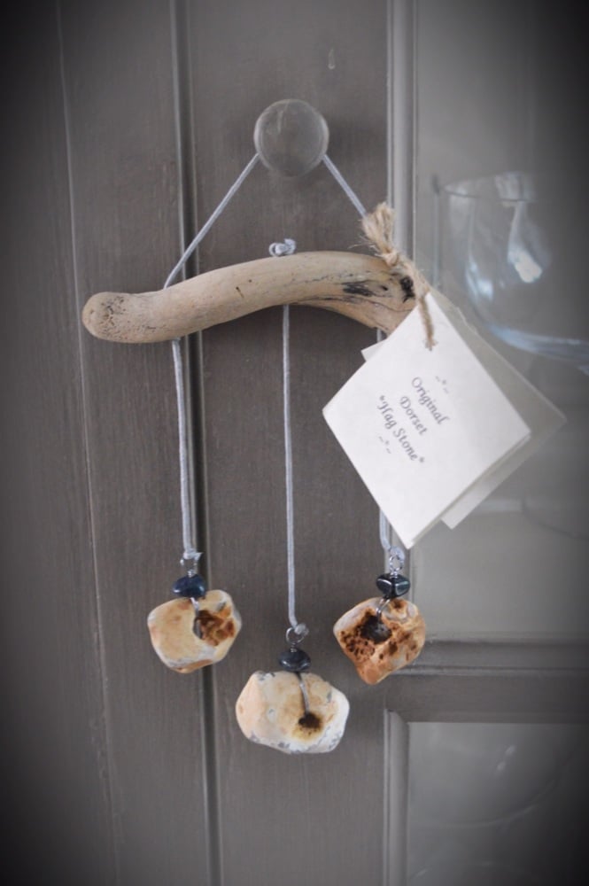 Hag Stone Wind Chime with Blue Tigers Eye Crystals & Driftwood