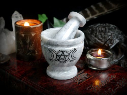 Grey Marble Mortar and Pestle with Pentacle & Triple Moon 