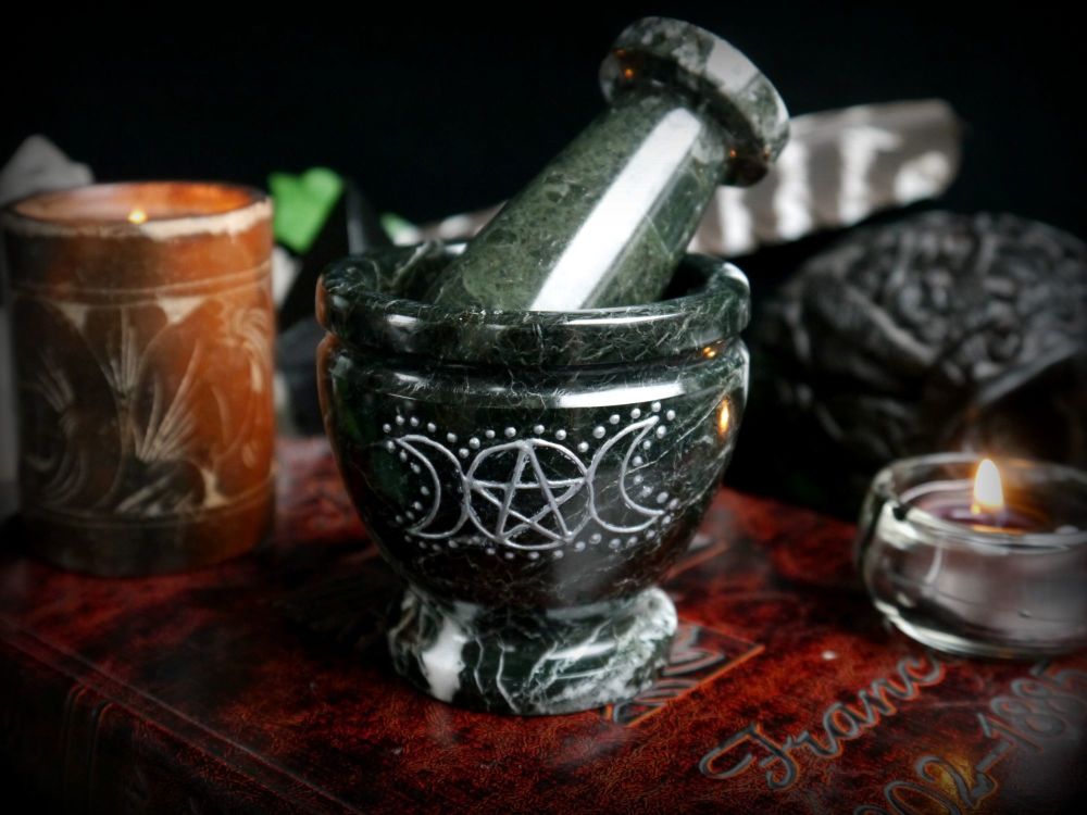 Black Marble Mortar and Pestle with Pentacle & Triple Moon