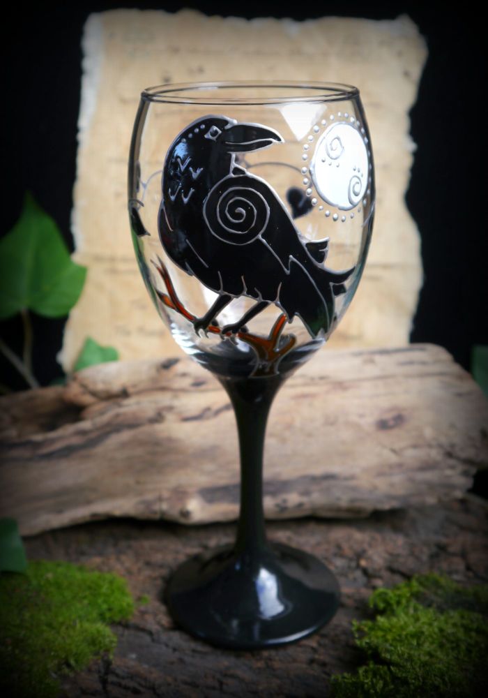 Hand Painted Raven and Moon Glass Chalice Witches Goblet