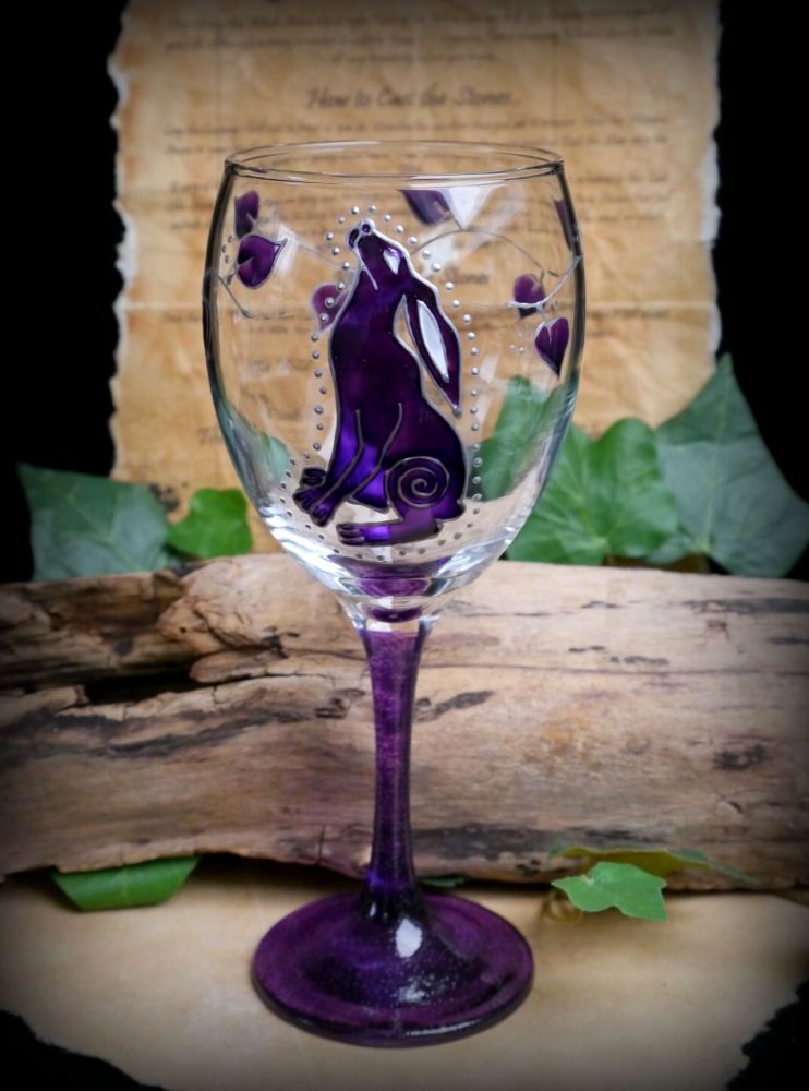 Hand Painted Moon Gazing Hare Glass Chalice Witches Goblet