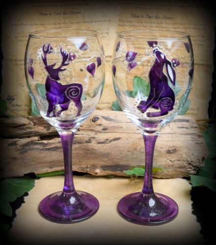 Hand Painted Stag & Hare Glass Chalice Set