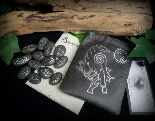 13 Witches Raven Runes with Faux Leather bag and casting instructions 