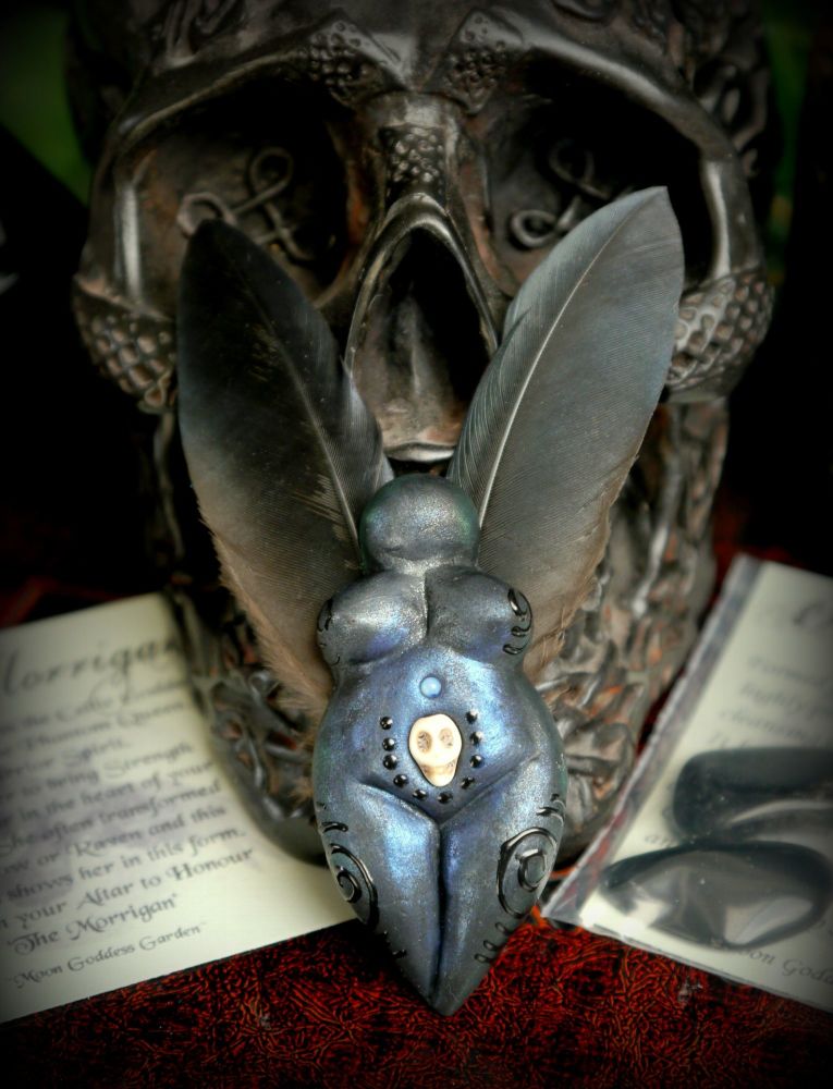 The Morrigan Crow Goddess of Death Altar Piece with Opalite and Obsidian Cr