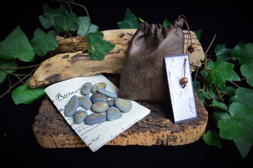 13 Witches River Stone Runes with Faux Leather Bag and Casting Instructions