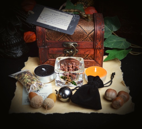 Samhain Blessing Chest with Scrying Orb, Rowan Berries, Herbs and Offering 