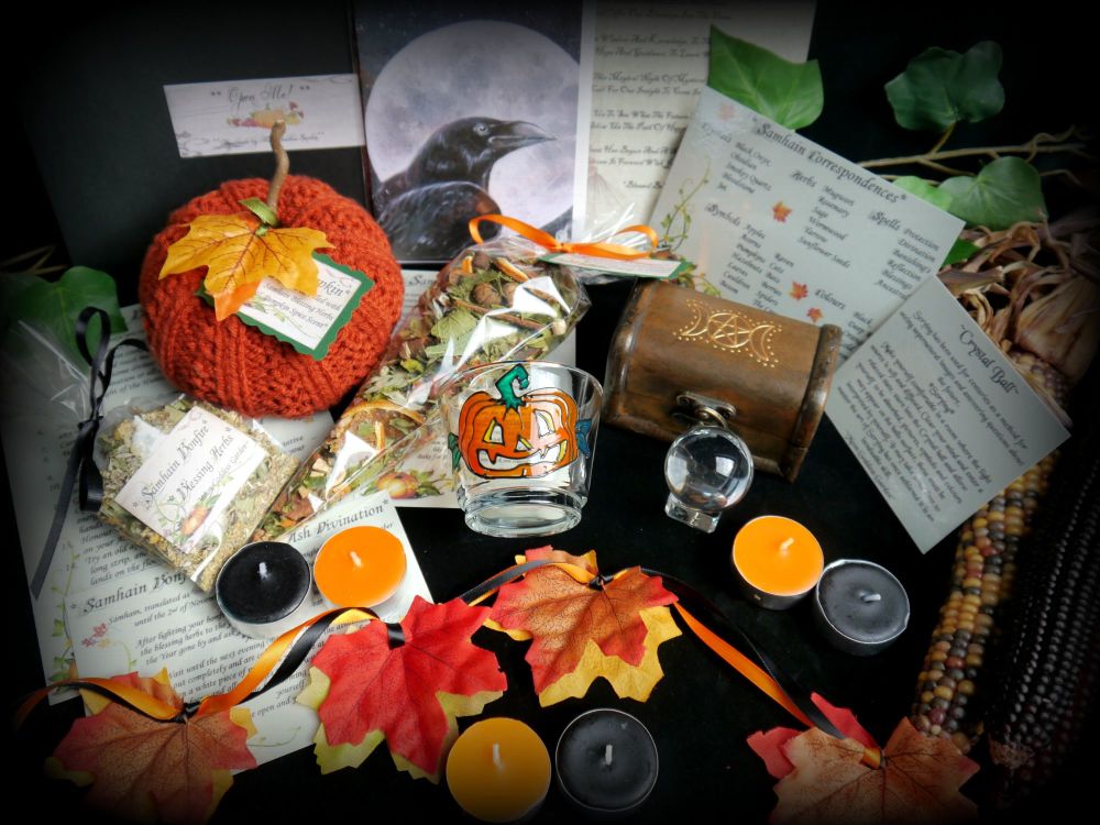 Samhain Celebration box with crystal ball, knitted Pumpkin, Potpourri and Candle holder