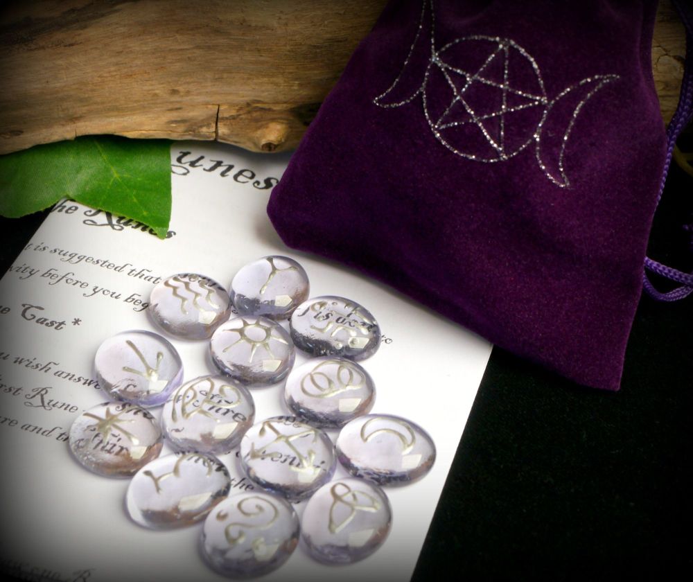 13 Witches Glass Lilac & Silver Runes with Purple Bag and Casting Instructions