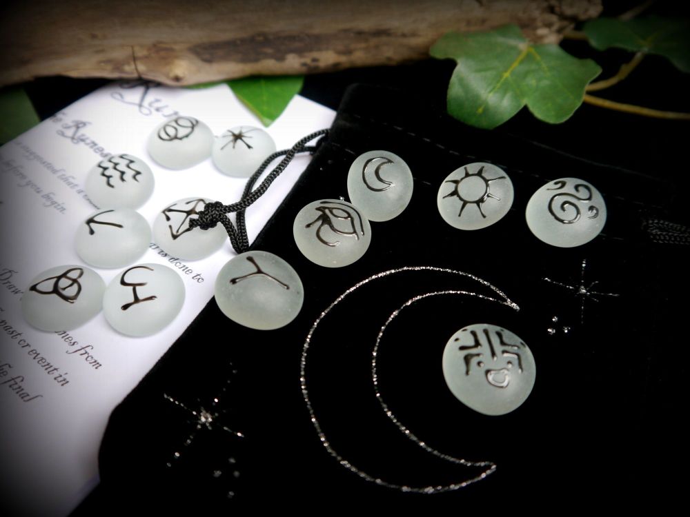 13 Witches Glass Runes Clear Frosted Moon Runes with Black Bag and Casting Instructions