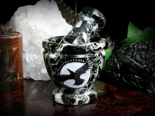 Raven and Moon Black Marble Mortar and Pestle Wicca Witch