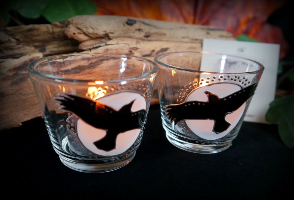 Raven and Moon Glass Candle Holders Hand Painted Samhain Gift Fall decorati