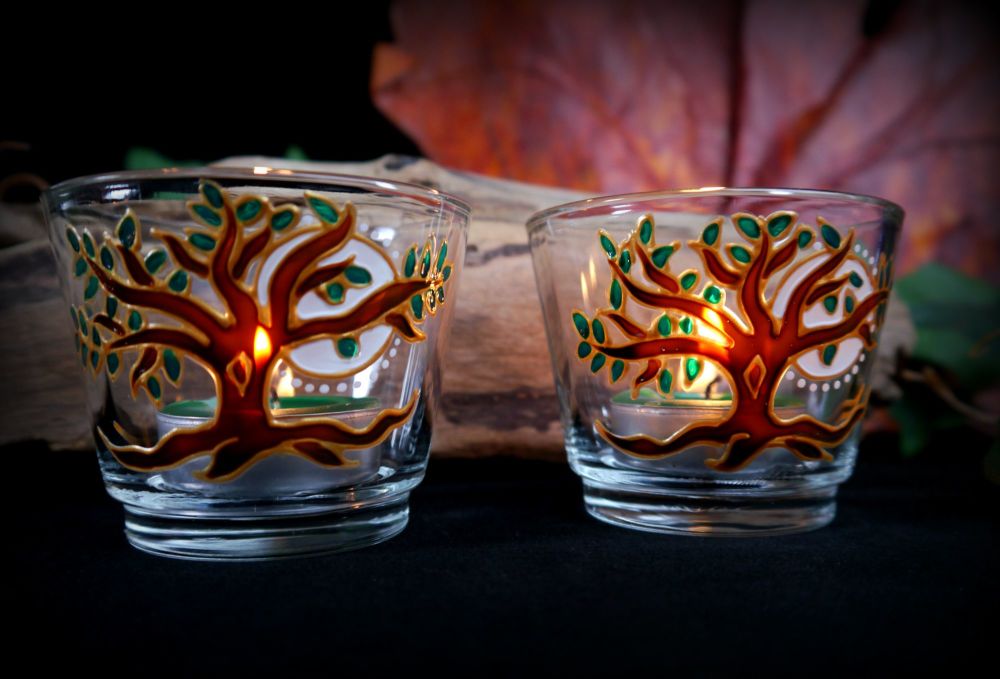 Witches Tree of Life Glass Candle Holders Hand Painted Samhain Gift Fall decoration