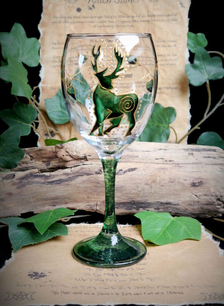 Hand Painted Stag Glass Chalice Witches Goblet Green
