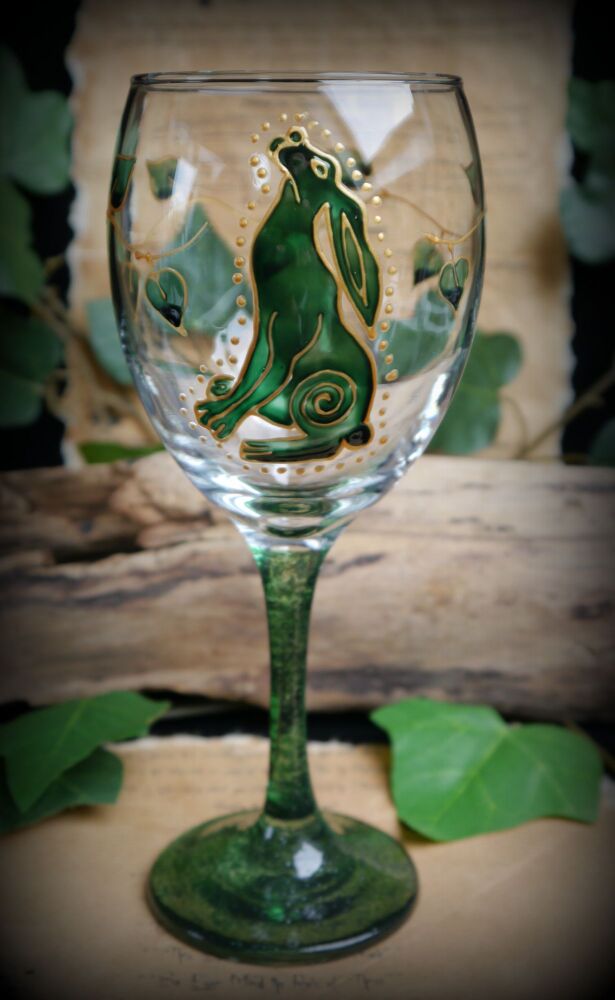 Hand Painted Moon Gazing Hare Glass Chalice Witches Goblet Green