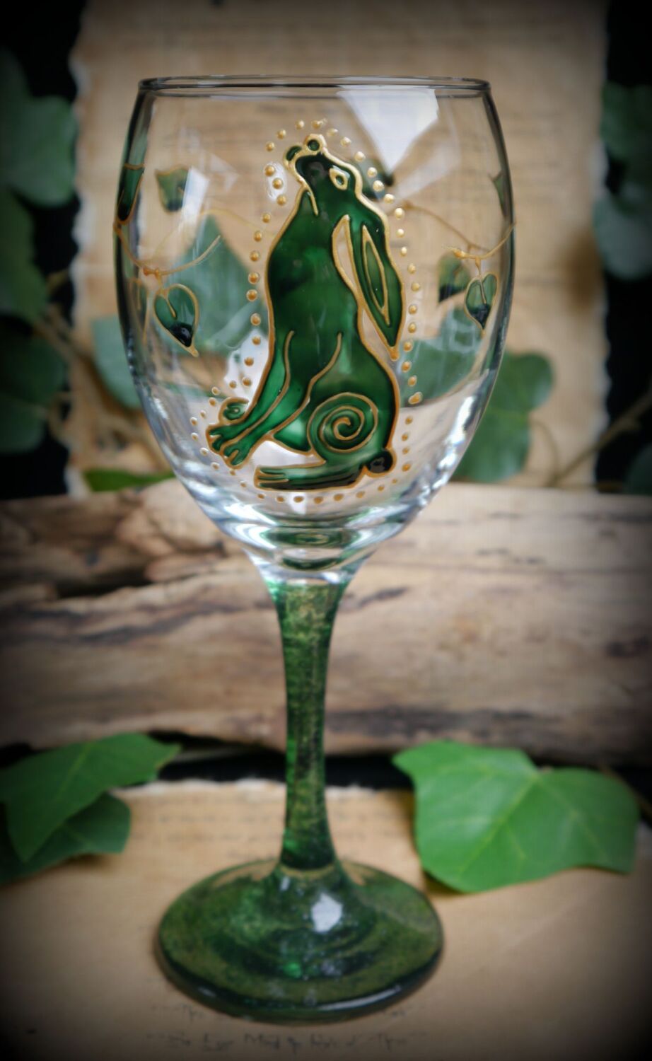 Moon Gazing Hare Glass Chalice Witches Goblet Green