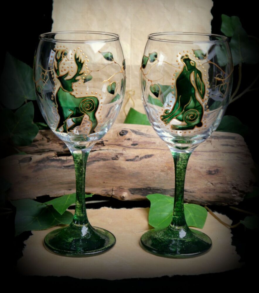 Hand Painted Stag & Hare Glass Chalice Set Green