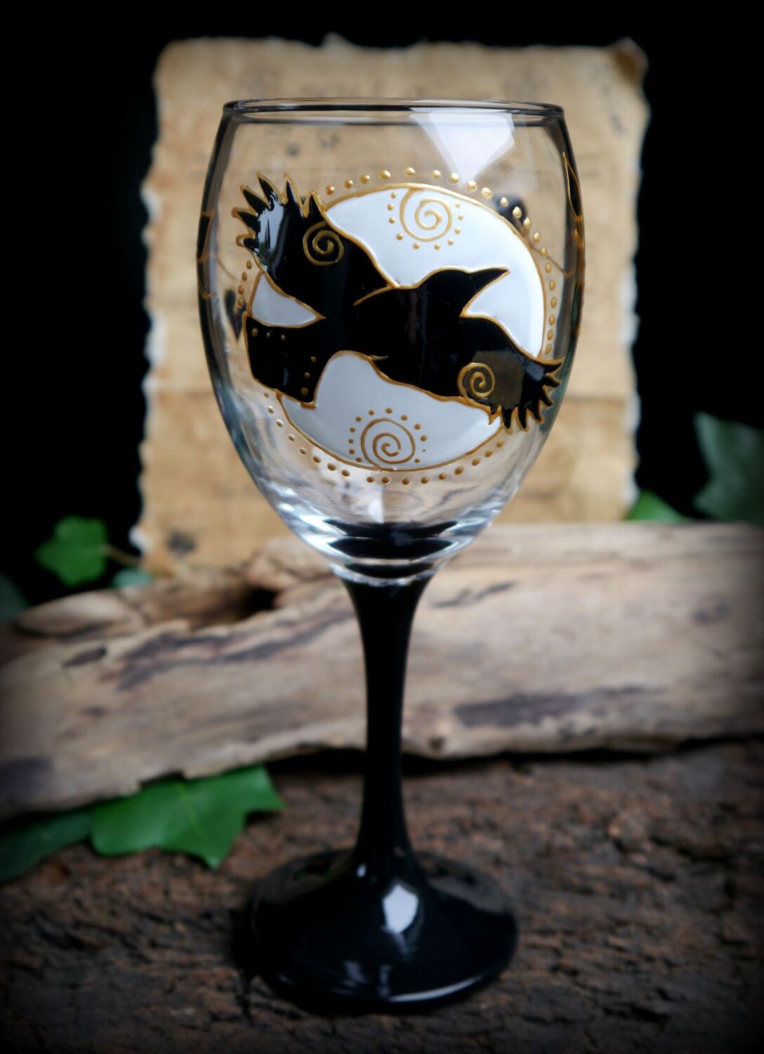 Raven in Flight Glass Chalice Witches Goblet