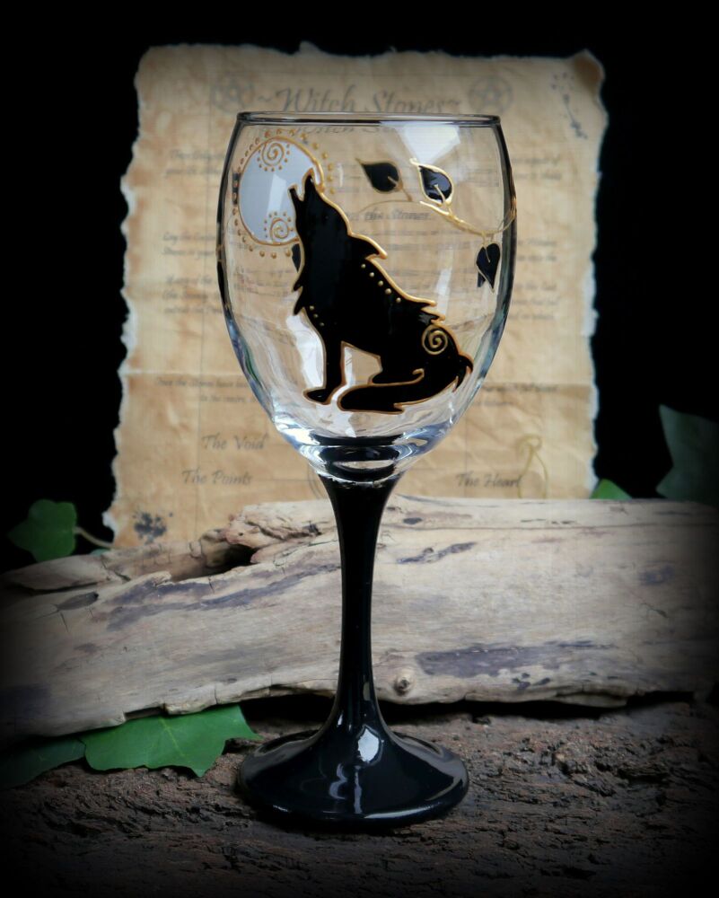 Hand Painted Howling Wolf Glass Chalice Witches Goblet
