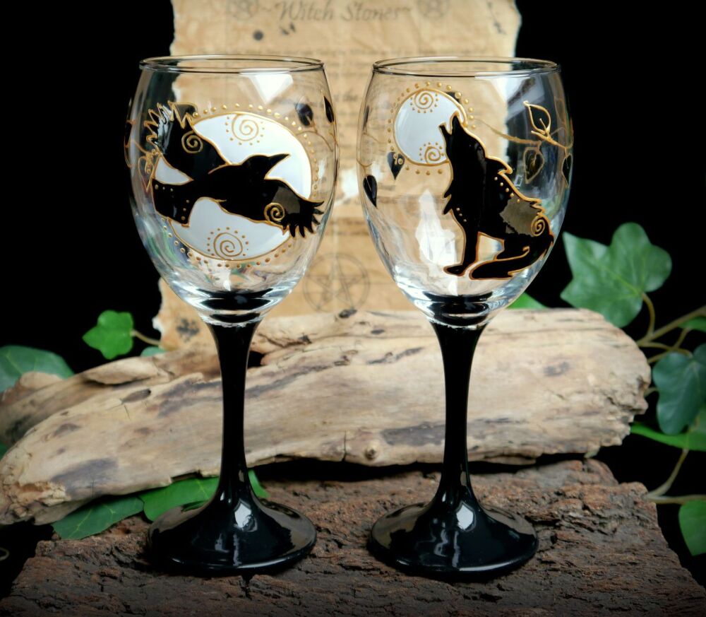 Hand Painted Raven and Wolf Glass Chalice Set