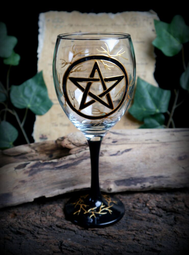 Hand Painted Pentacle Glass Chalice Witches Goblet