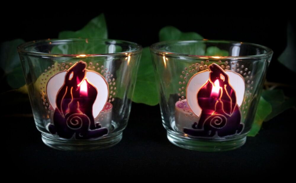 Moon Gazing Hare Glass Candle Holders Hand Painted