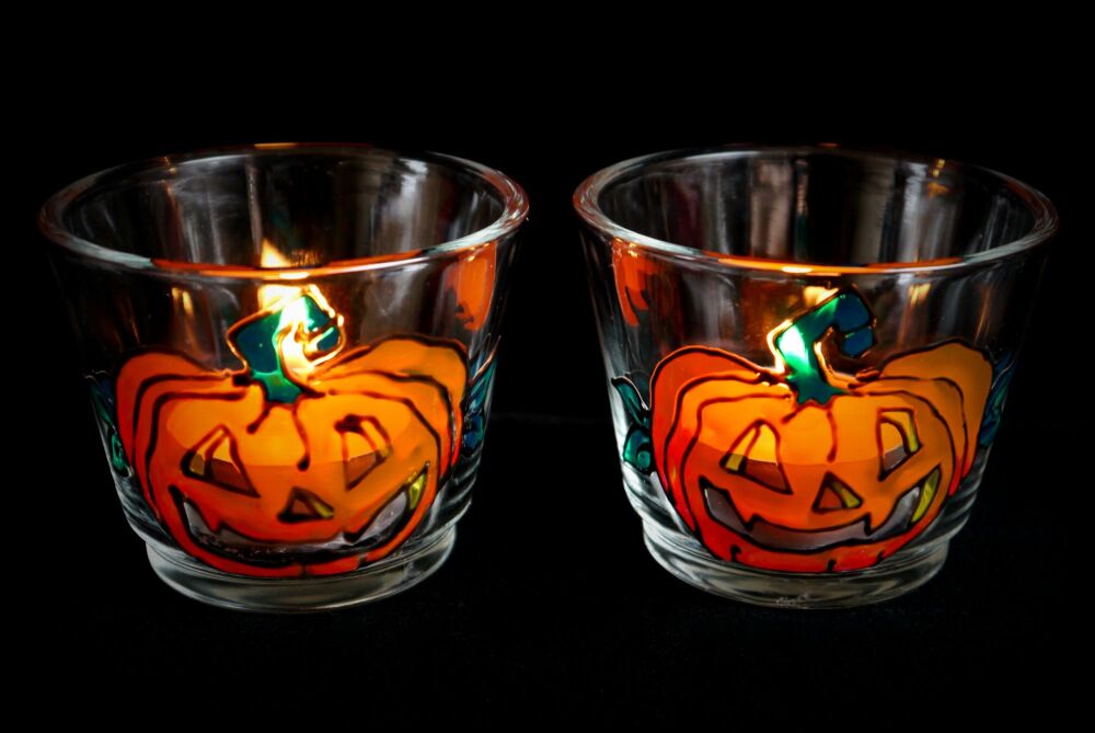 Pumpkin Glass Candle Holders Hand Painted Samhain Halloween Gift