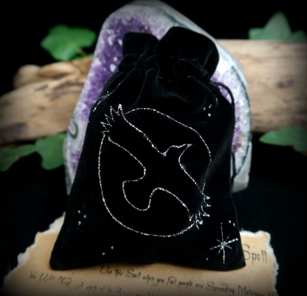 Raven and Moon Rune bag Crystal Storage Spell Pouch Hand Decorated
