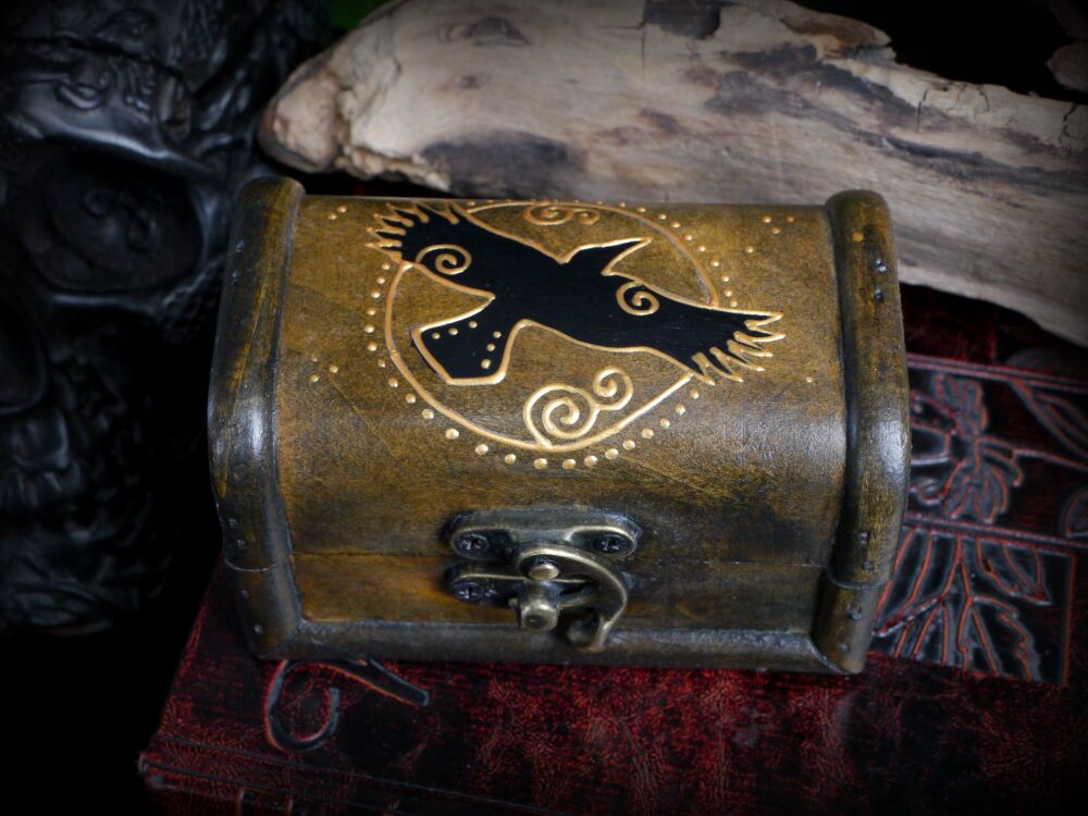 Hand painted Raven in flight Chest Wooden Trinket box Witches Gift Animal Spirit Guide