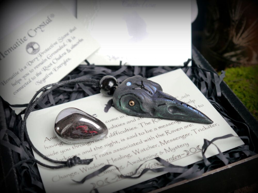Raven Protection Talisman Polymer Clay Sculpture with Hematite Crystal Altar Piece