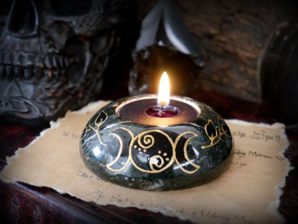 Triple Moon Black Marble Candle Holder Witches Altar Wicca Pagan Full Moon