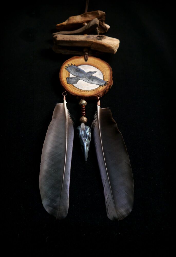 Raven and Moon Wooden Talisman Protection charm Wicca Pagan Crow Skull