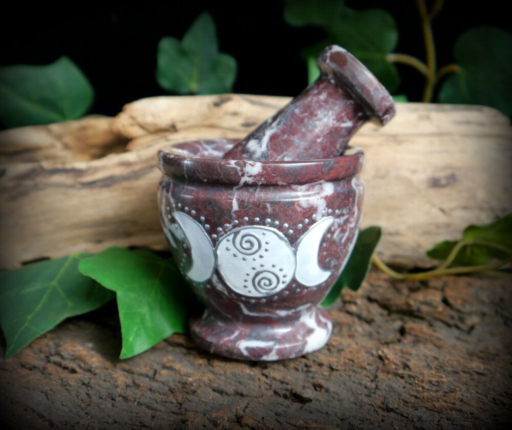 Triple Moon Mortar and Pestle Red and White Marble
