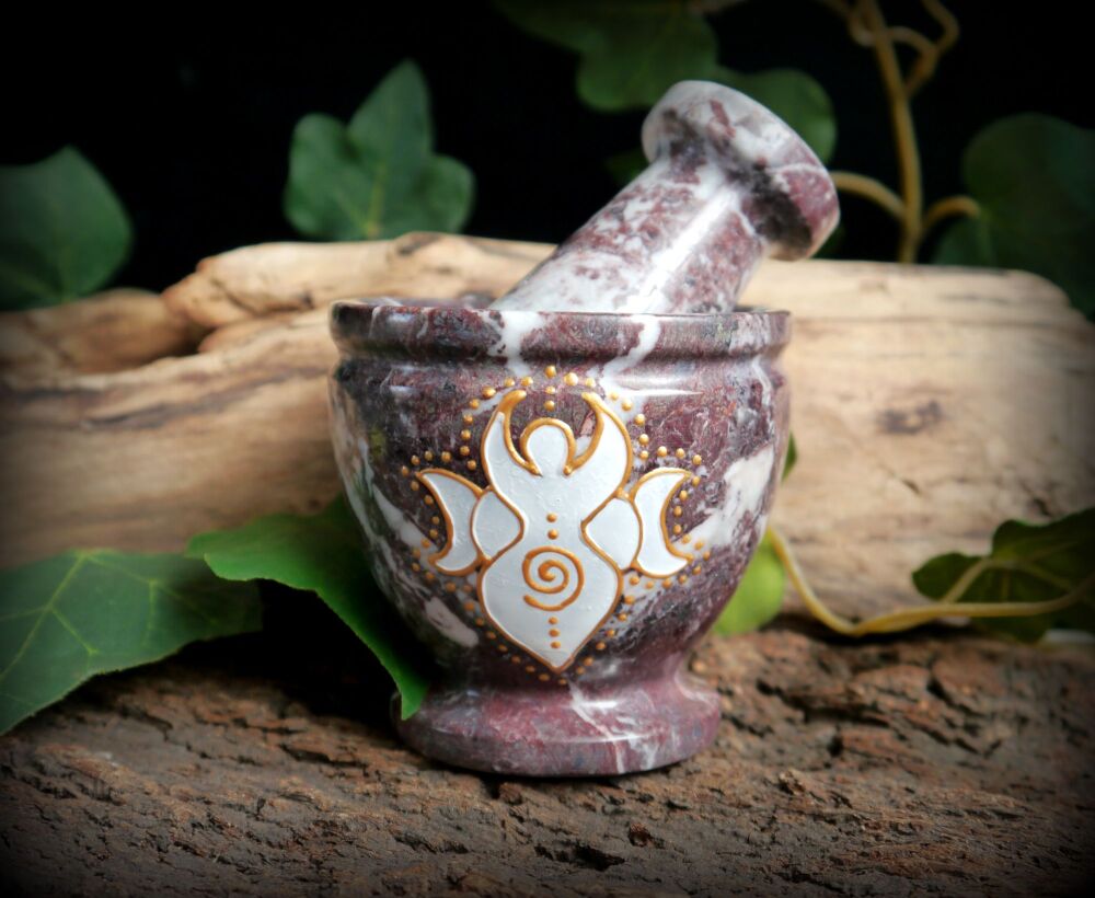 White Goddess Mortar and Pestle Red and White Marble Triple Moon Wicca Paga