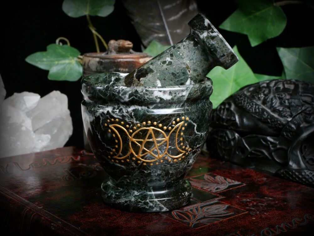 Mortar and Pestle Black White and Moss Green Marble Pentacle Triple Moon Wicca Pagan Witches Altar