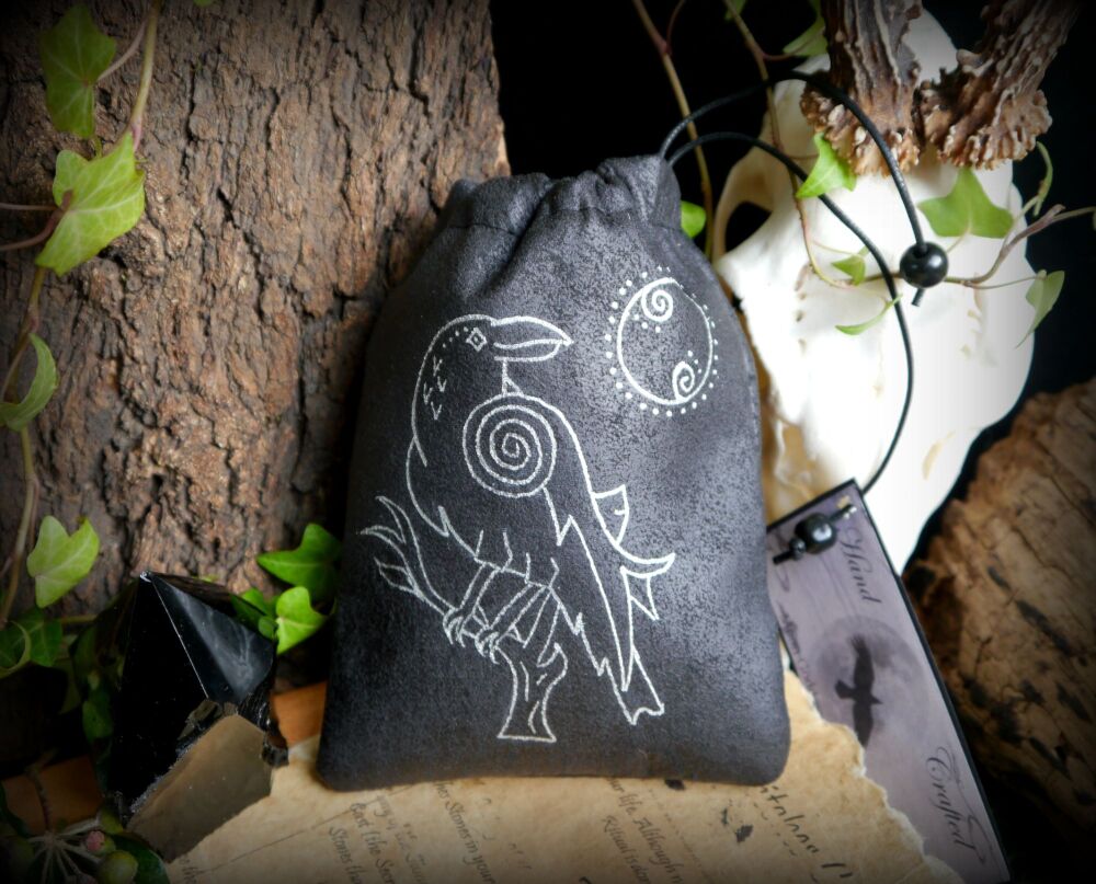 Faux Leather Raven and Moon Rune Bag Crystal Storage Pouch handmade Design Witchcraft Altar
