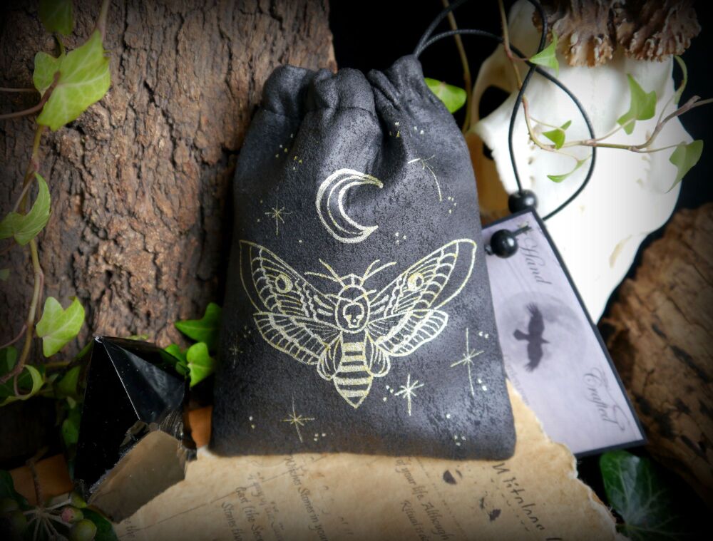 Faux Leather Death's Head Moth and Moon Rune Bag Crystal Storage Pouch handmade Design Witchcraft Altar