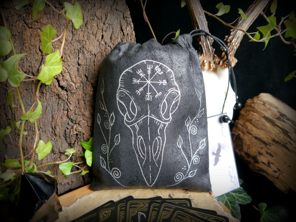 Faux Leather Tarot bag Raven Skull and Viking Compass design handmade Vegisir Design Witchcraft Altar