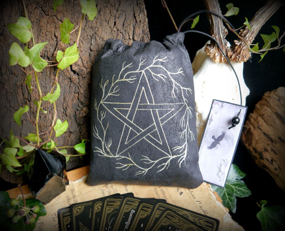 Faux Leather Tarot bag Pentacle and Vine Storage Pouch handmade Design Witchcraft Altar