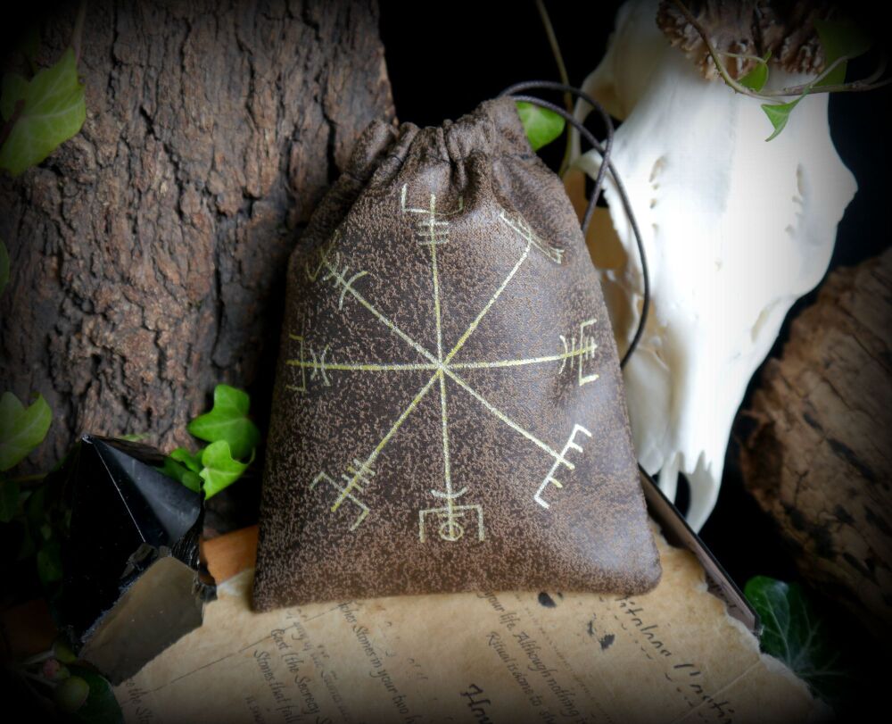 Faux Leather Rune bag Crystal Storage Pouch handmade Viking Compass Vegvisir Design