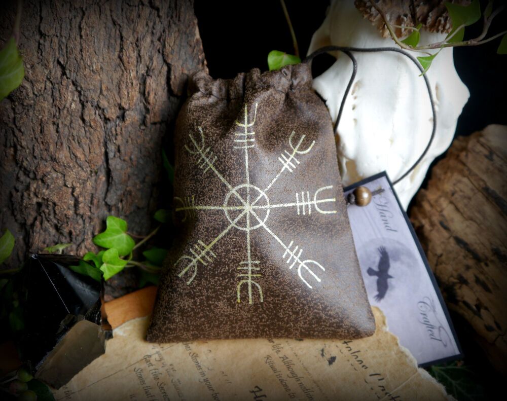 Faux Leather Rune bag Crystal Storage Pouch handmade Viking Aegishjalmur Helm of Awe Design