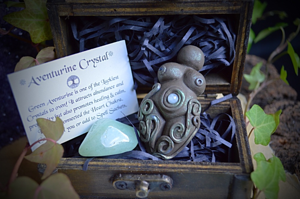 Fortune Goddess of Luck with Aventurine and Aquamarine crystals