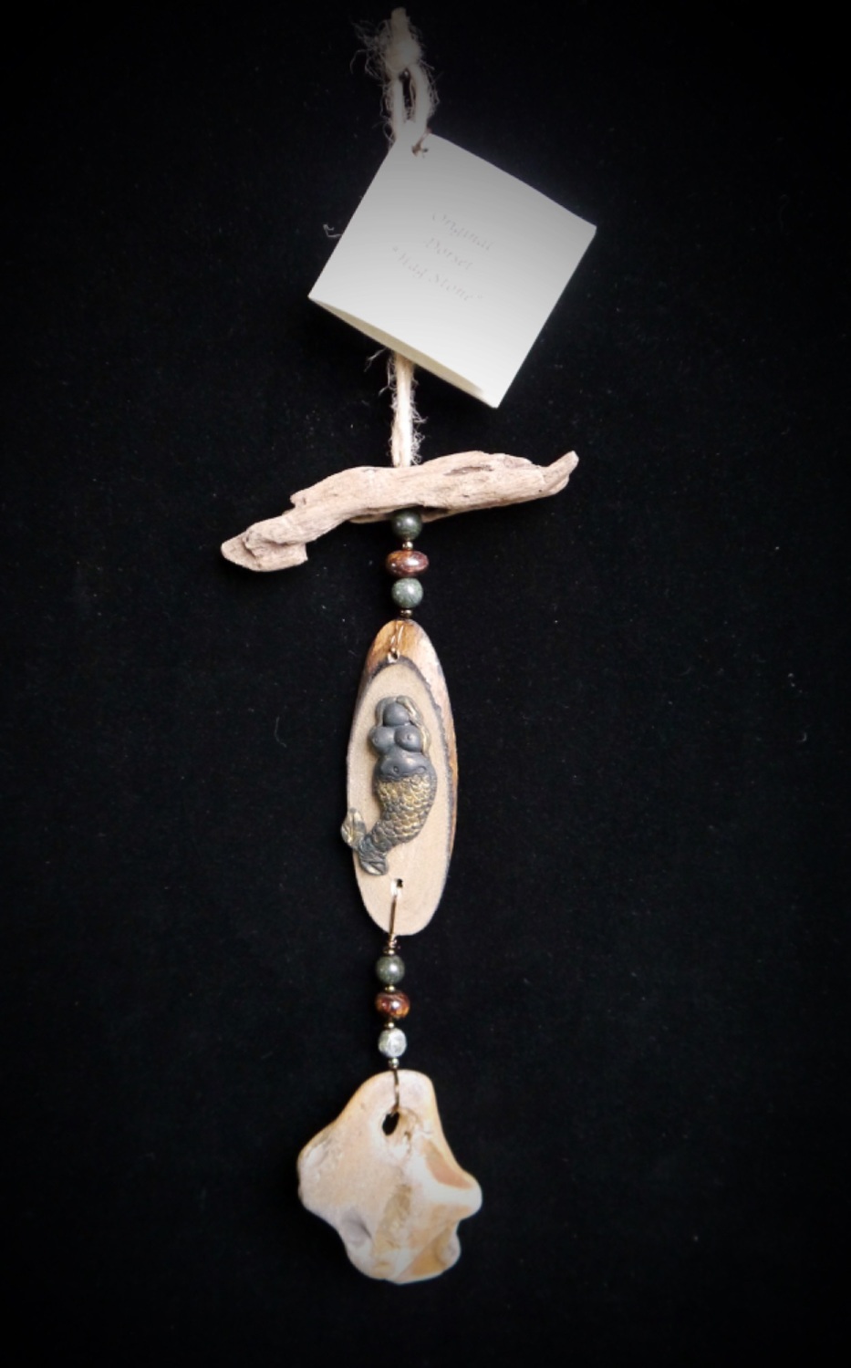 Mermaid Hag Stone protection charm with Pietersite and Serpentine crystals