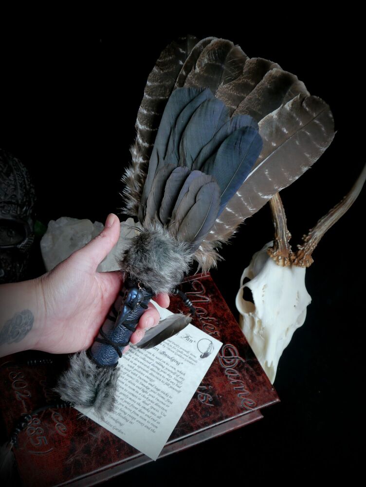 Raven Smudging Fan with Crow and Bronze Turkey Feathers Native American style Dark Witch