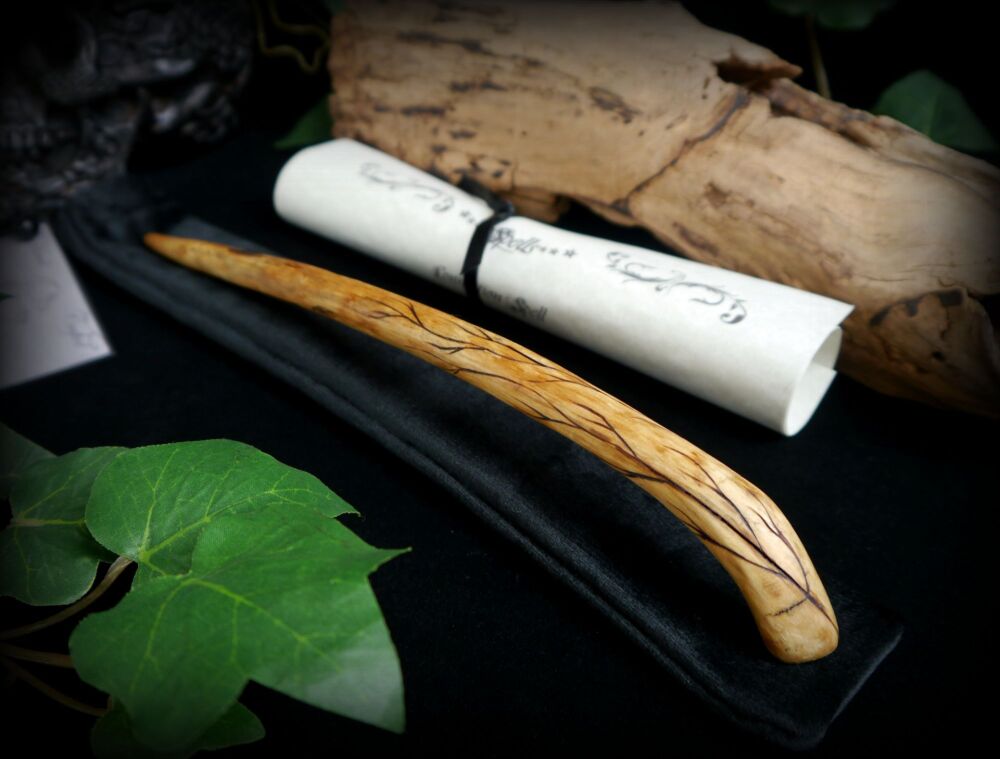 Witches Rowan Wood Wand Hand Carved with Branch design Bag and Spells